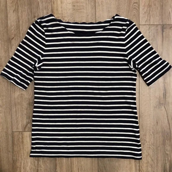 Like new - TALBOTS Pima Cotton Navy and White Striped Top w/ Scalloped Neckline - Picture 1 of 7